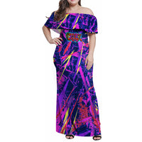 Chuuk Tropical Sunset Coordinates Family Matching Off Shoulder Maxi Dress and Hawaiian Shirt Neon Graffiti Polynesian Tribal