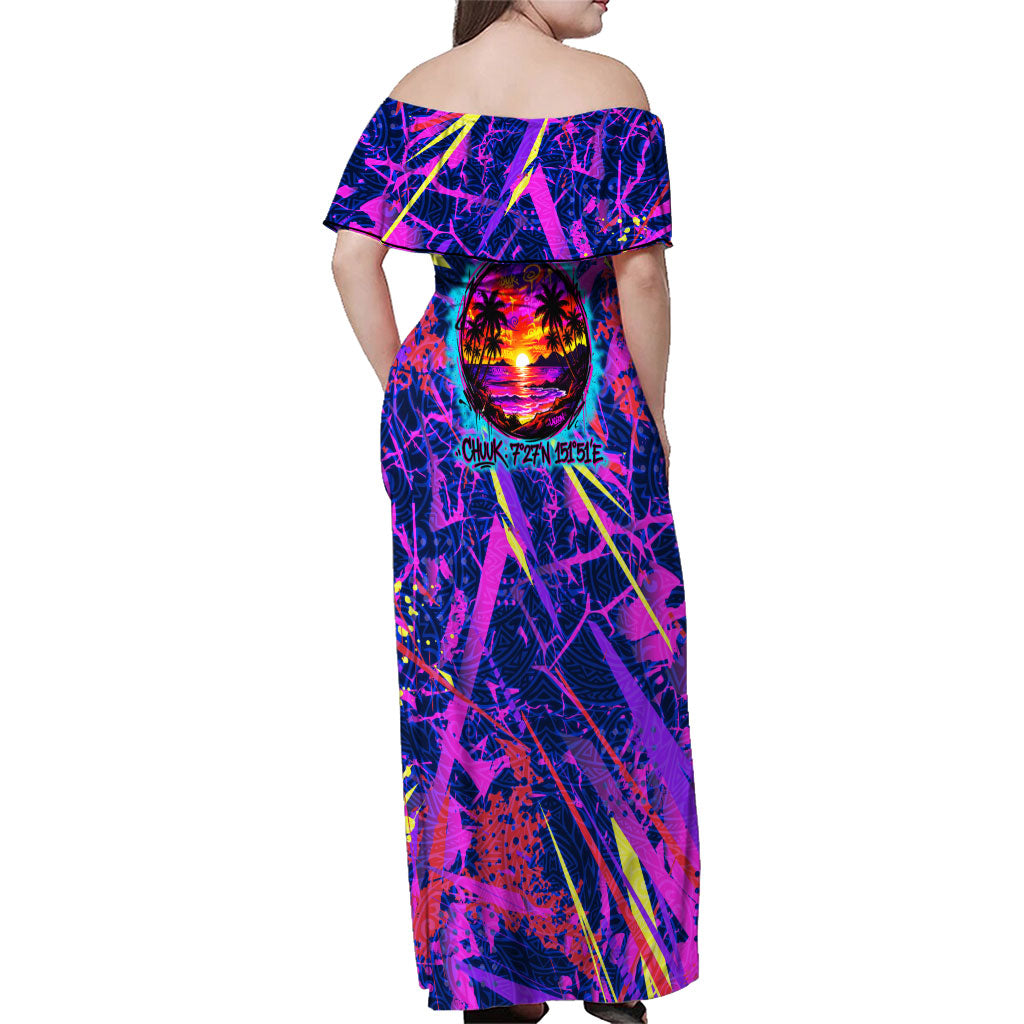 Chuuk Tropical Sunset Coordinates Family Matching Off Shoulder Maxi Dress and Hawaiian Shirt Neon Graffiti Polynesian Tribal