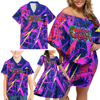 Chuuk Tropical Sunset Coordinates Family Matching Off Shoulder Short Dress and Hawaiian Shirt Neon Graffiti Polynesian Tribal