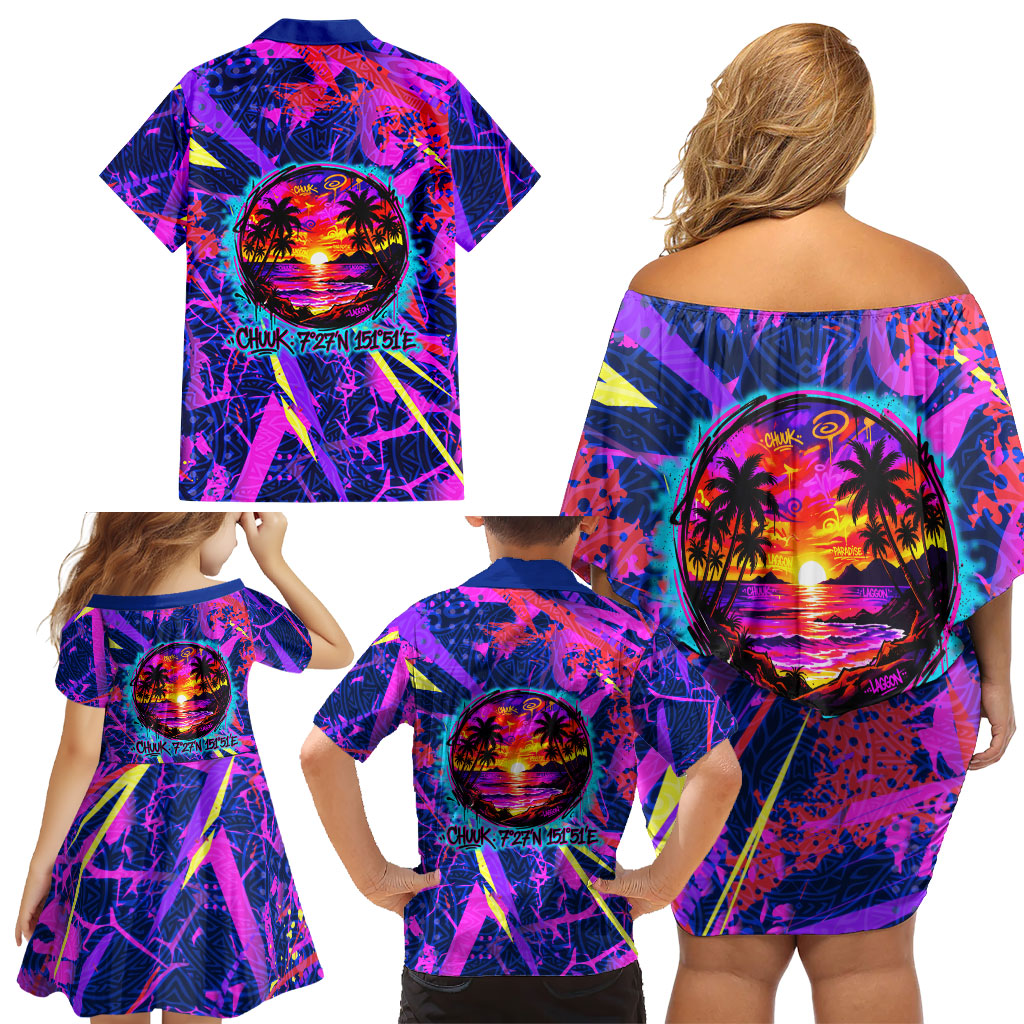 Chuuk Tropical Sunset Coordinates Family Matching Off Shoulder Short Dress and Hawaiian Shirt Neon Graffiti Polynesian Tribal