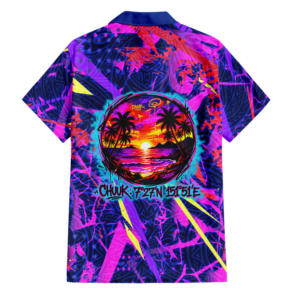 Chuuk Tropical Sunset Coordinates Family Matching Off Shoulder Short Dress and Hawaiian Shirt Neon Graffiti Polynesian Tribal