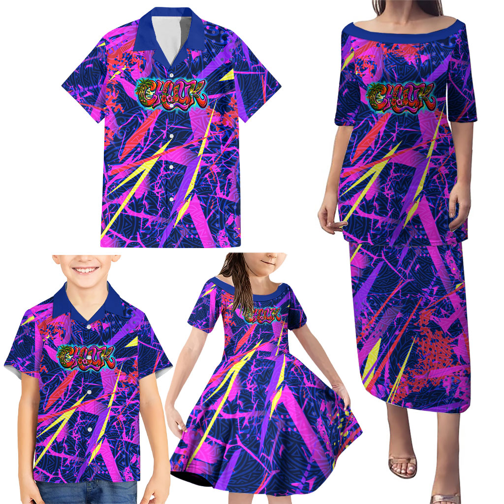 Chuuk Tropical Sunset Coordinates Family Matching Puletasi and Hawaiian Shirt Neon Graffiti Polynesian Tribal TS04 - Polynesian Pride