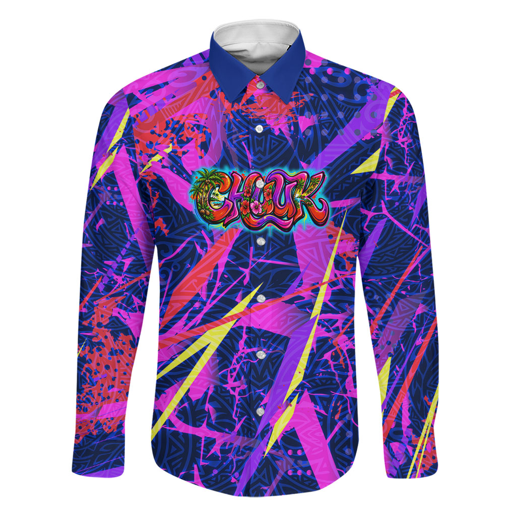 Chuuk Tropical Sunset Coordinates Family Matching Puletasi and Hawaiian Shirt Neon Graffiti Polynesian Tribal
