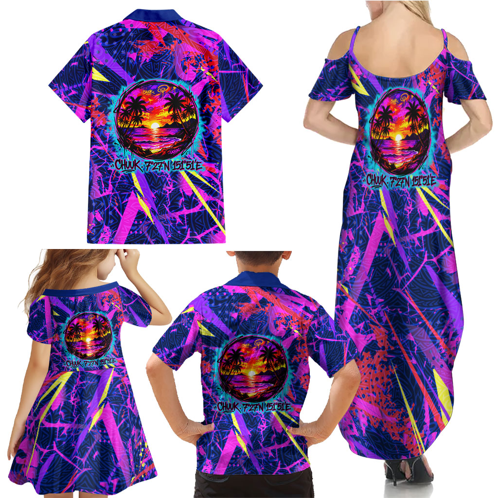 Chuuk Tropical Sunset Coordinates Family Matching Summer Maxi Dress and Hawaiian Shirt Neon Graffiti Polynesian Tribal