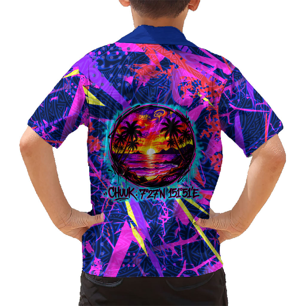 Chuuk Tropical Sunset Coordinates Family Matching Tank Maxi Dress and Hawaiian Shirt Neon Graffiti Polynesian Tribal