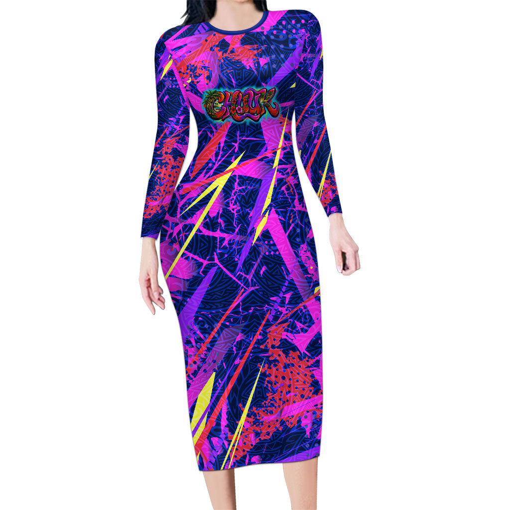 Chuuk Tropical Sunset Coordinates Long Sleeve Bodycon Dress Neon Graffiti Polynesian Tribal
