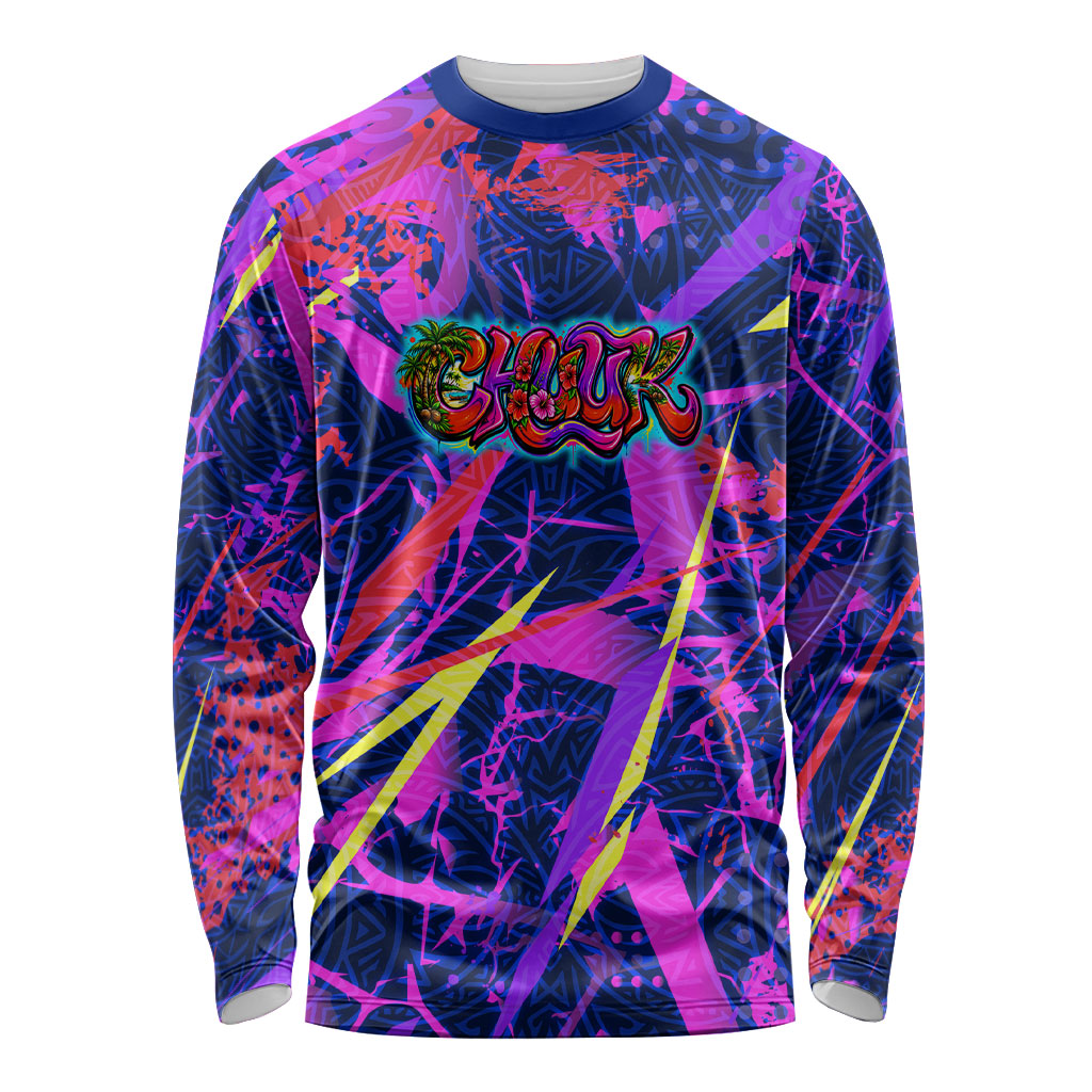 Chuuk Tropical Sunset Coordinates Long Sleeve Shirt Neon Graffiti Polynesian Tribal TS04 Unisex Purple Pink - Polynesian Pride
