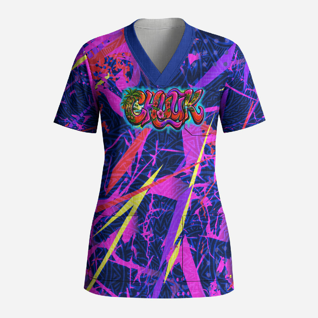 Chuuk Tropical Sunset Coordinates Scrub Top Neon Graffiti Polynesian Tribal TS04 Adult Purple Pink - Polynesian Pride