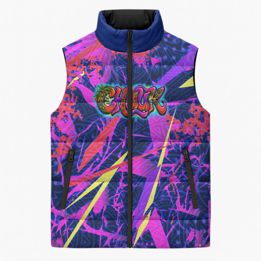 Chuuk Tropical Sunset Coordinates Sleeveless Puffer Jacket Neon Graffiti Polynesian Tribal TS04 Unisex Purple Pink - Polynesian Pride