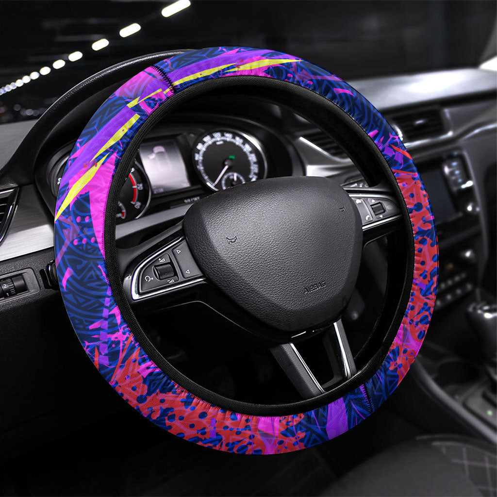Chuuk Tropical Sunset Coordinates Steering Wheel Cover Neon Graffiti Polynesian Tribal TS04 Universal Fit Purple Pink - Polynesian Pride