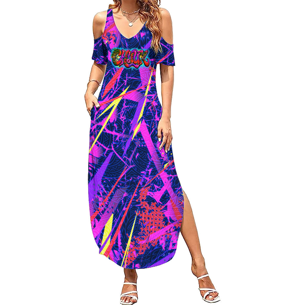 Chuuk Tropical Sunset Coordinates Summer Maxi Dress Neon Graffiti Polynesian Tribal TS04 Women Purple Pink - Polynesian Pride