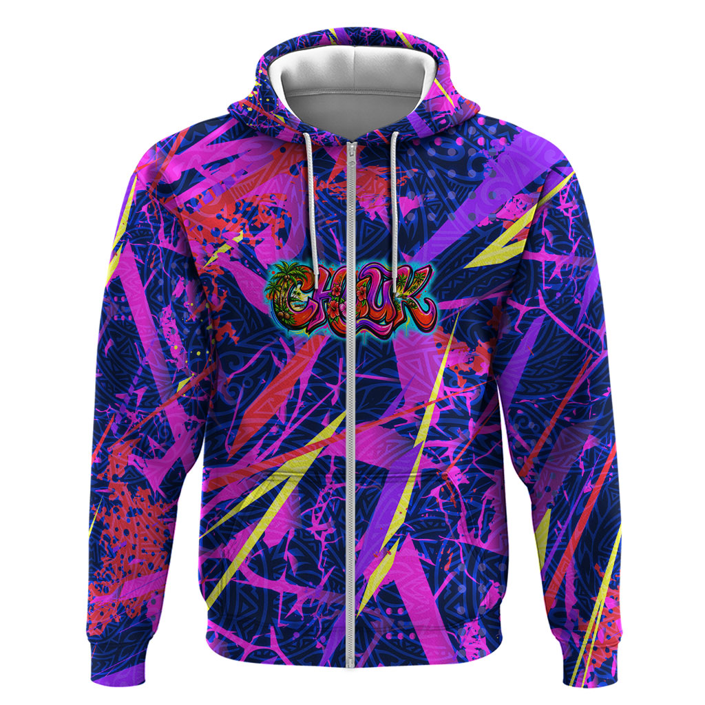 Chuuk Tropical Sunset Coordinates Zip Hoodie Neon Graffiti Polynesian Tribal TS04 Zip Hoodie Purple Pink - Polynesian Pride