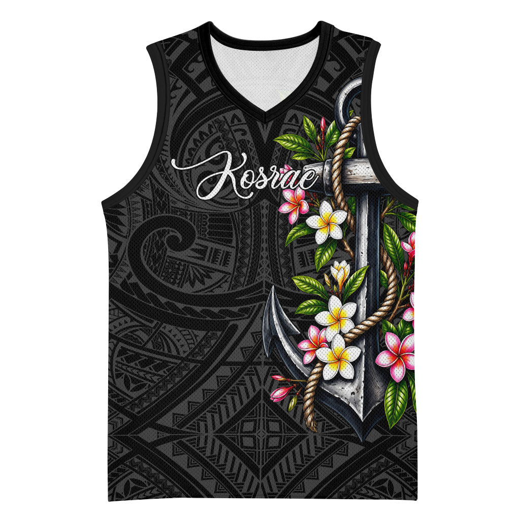 Kosrae Nautical Heritage Basketball Jersey Polynesian Tribal Anchor With Plumeria Tropical Art TS04 Unisex Black Grey - Polynesian Pride