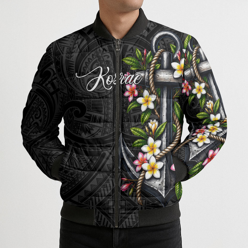 Kosrae Nautical Heritage Bomber Puffer Jacket Polynesian Tribal Anchor With Plumeria Tropical Art