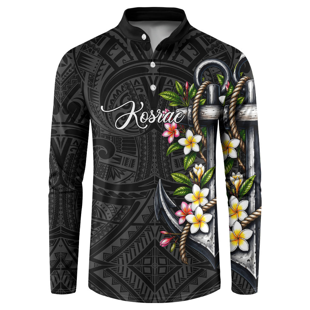 Kosrae Nautical Heritage Button Sweatshirt Polynesian Tribal Anchor With Plumeria Tropical Art TS04 Black Grey - Polynesian Pride