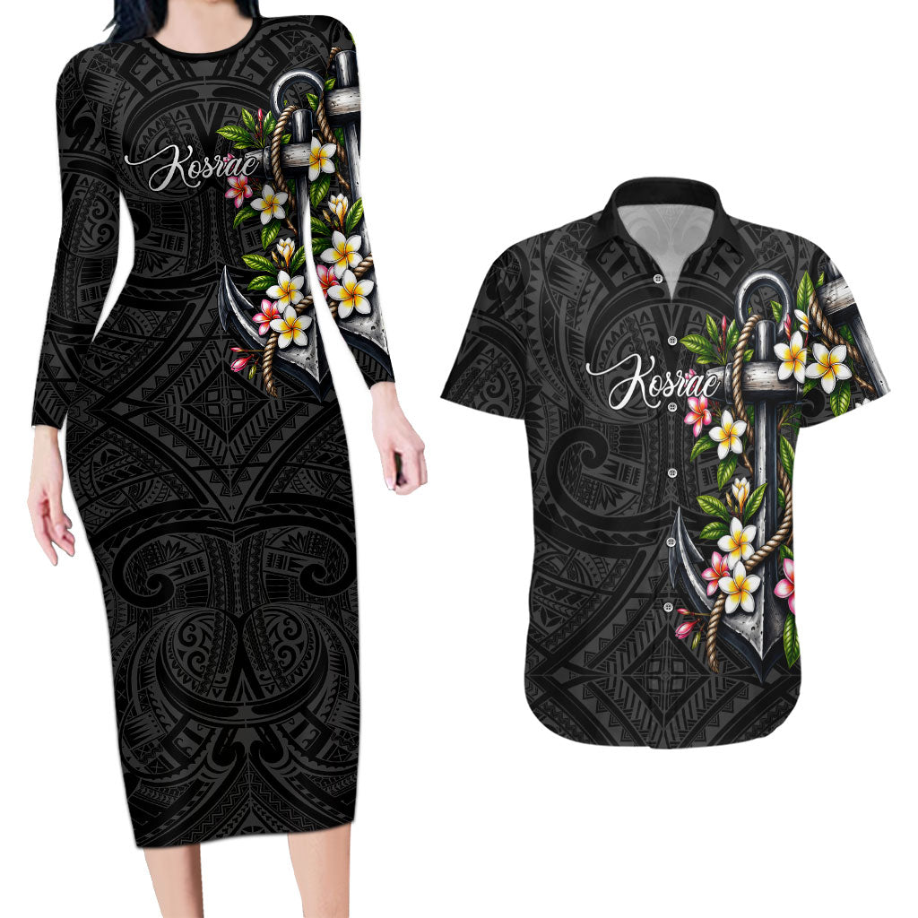 Kosrae Nautical Heritage Couples Matching Long Sleeve Bodycon Dress and Hawaiian Shirt Polynesian Tribal Anchor With Plumeria Tropical Art TS04 Black Grey - Polynesian Pride