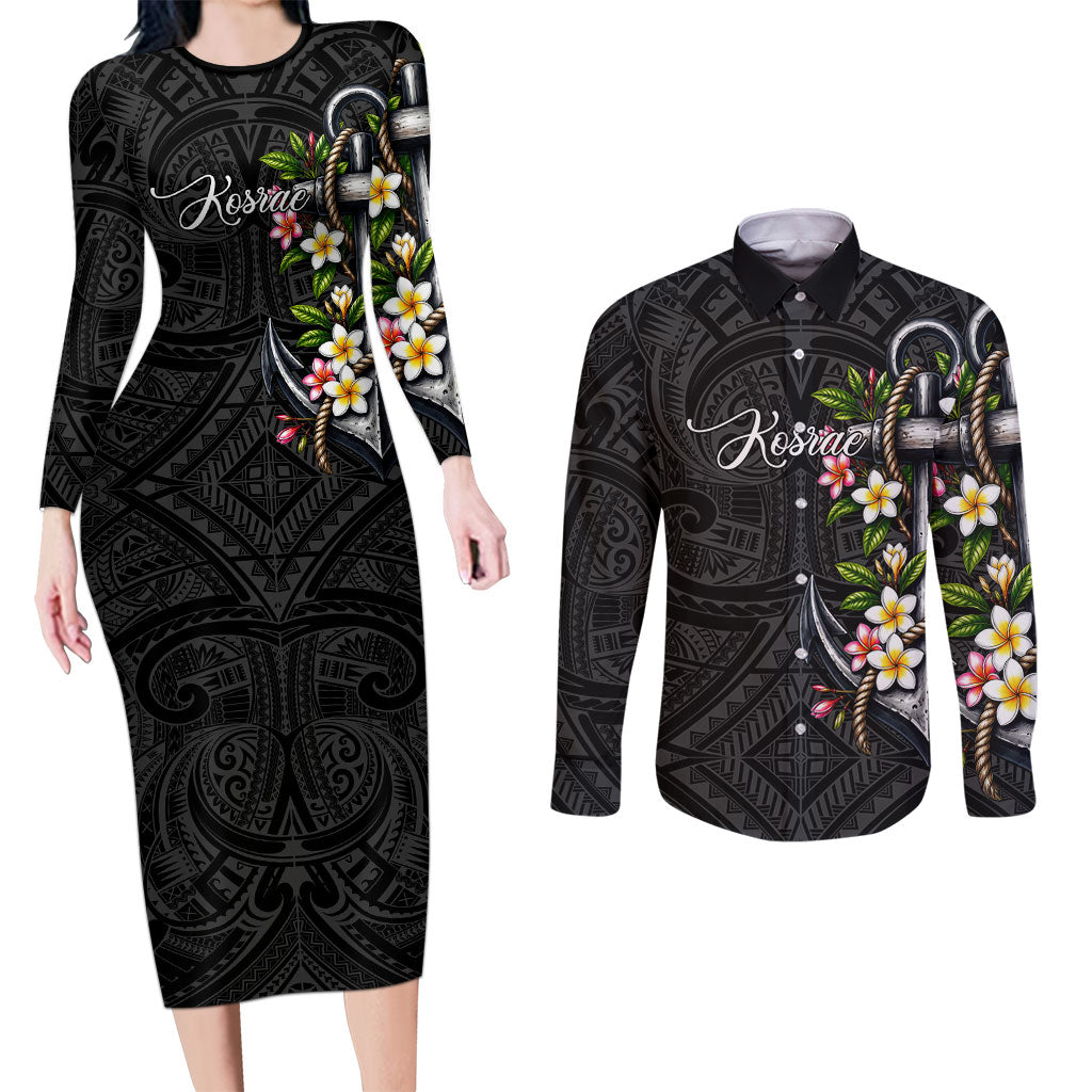 Kosrae Nautical Heritage Couples Matching Long Sleeve Bodycon Dress and Long Sleeve Button Shirt Polynesian Tribal Anchor With Plumeria Tropical Art