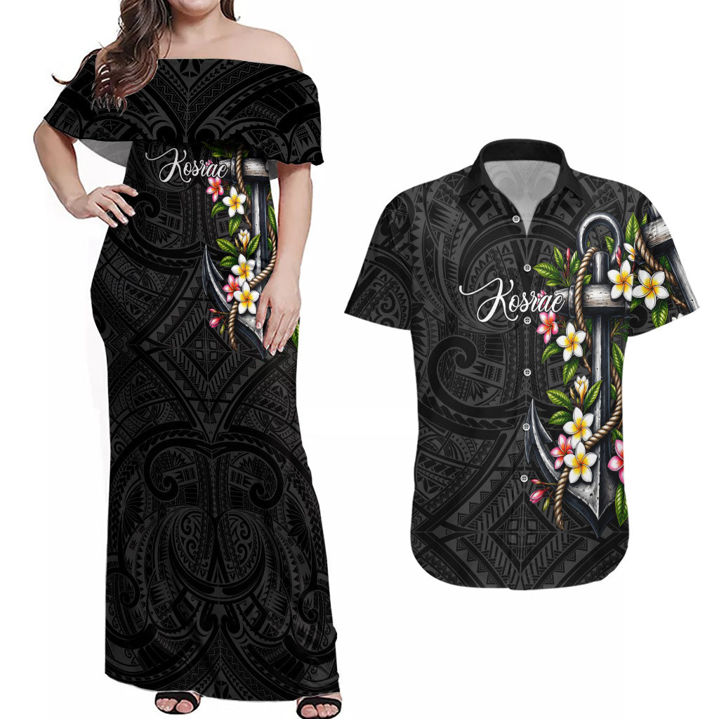 Kosrae Nautical Heritage Couples Matching Off Shoulder Maxi Dress and Hawaiian Shirt Polynesian Tribal Anchor With Plumeria Tropical Art TS04 Black Grey - Polynesian Pride