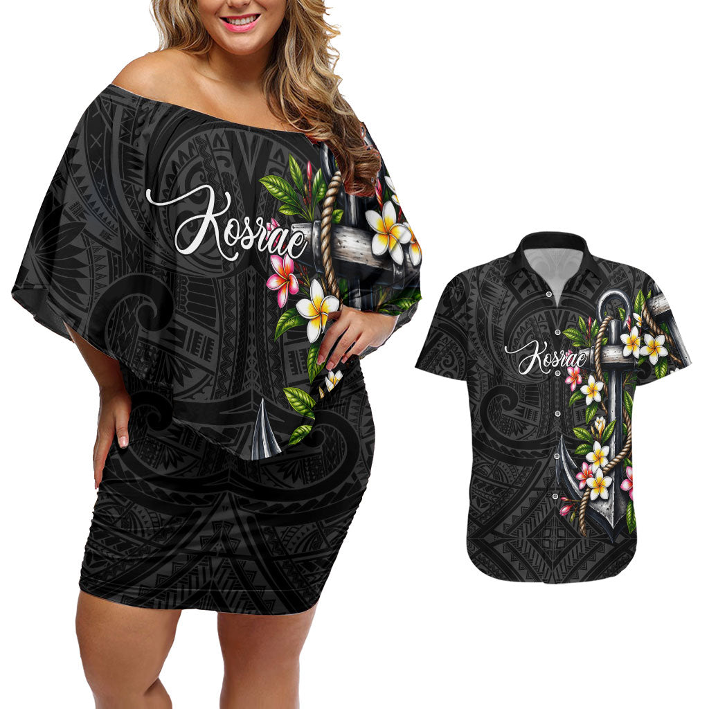 Kosrae Nautical Heritage Couples Matching Off Shoulder Short Dress and Hawaiian Shirt Polynesian Tribal Anchor With Plumeria Tropical Art TS04 Black Grey - Polynesian Pride