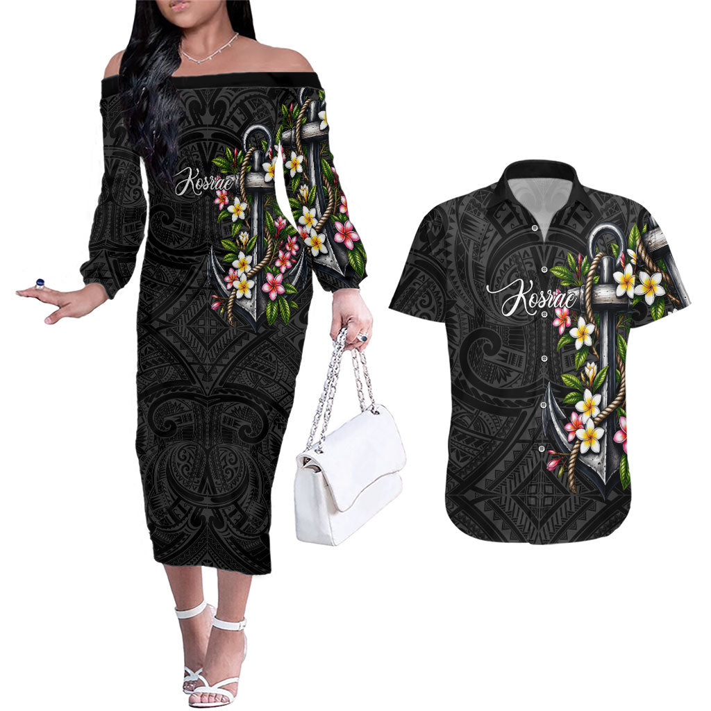 Kosrae Nautical Heritage Couples Matching Off The Shoulder Long Sleeve Dress and Hawaiian Shirt Polynesian Tribal Anchor With Plumeria Tropical Art TS04 Black Grey - Polynesian Pride