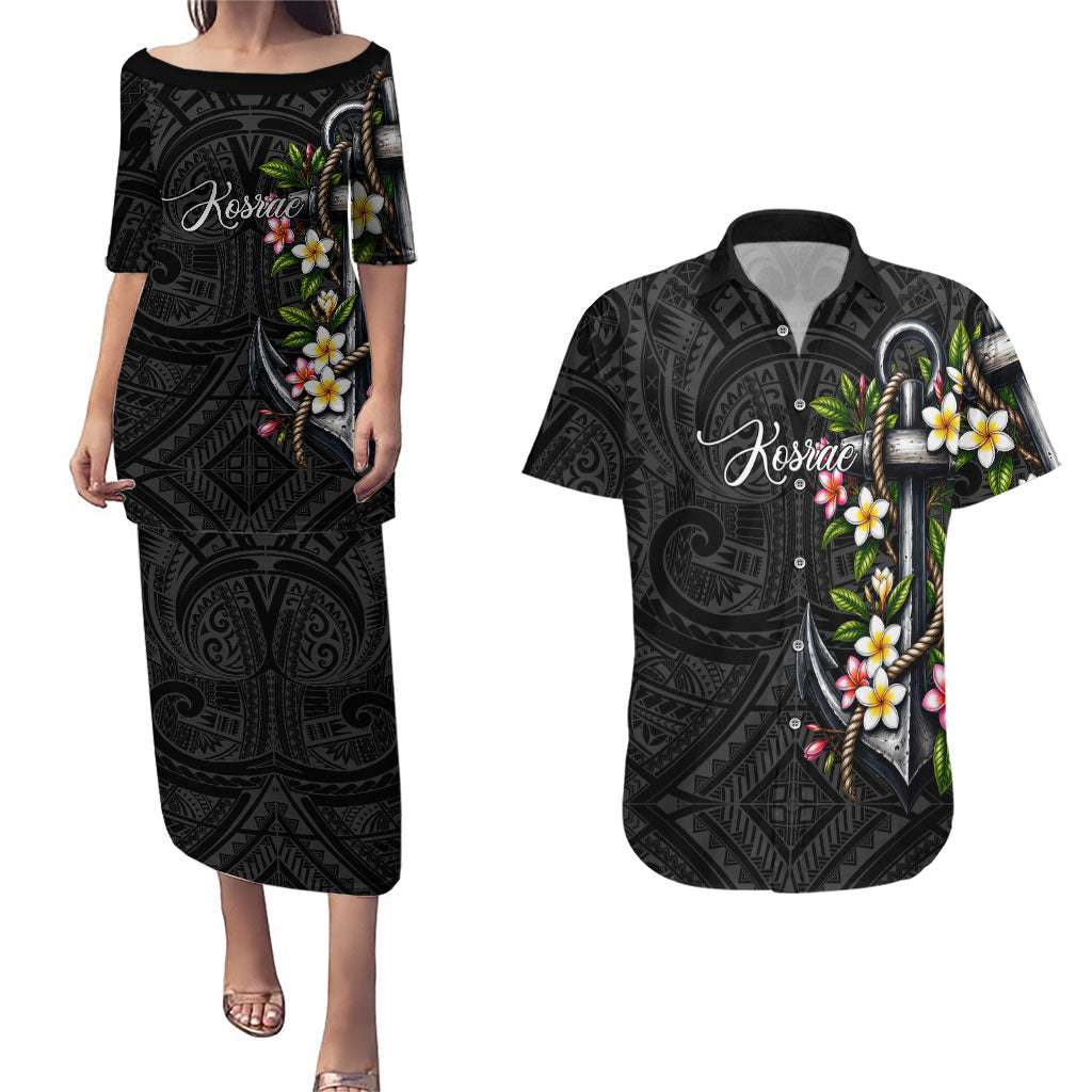 Kosrae Nautical Heritage Couples Matching Puletasi and Hawaiian Shirt Polynesian Tribal Anchor With Plumeria Tropical Art TS04 Black Grey - Polynesian Pride