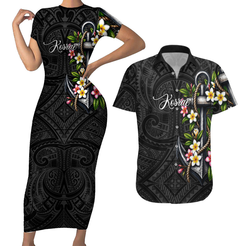 Kosrae Nautical Heritage Couples Matching Short Sleeve Bodycon Dress and Hawaiian Shirt Polynesian Tribal Anchor With Plumeria Tropical Art