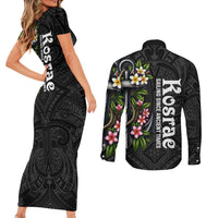 Kosrae Nautical Heritage Couples Matching Short Sleeve Bodycon Dress and Long Sleeve Button Shirt Polynesian Tribal Anchor With Plumeria Tropical Art