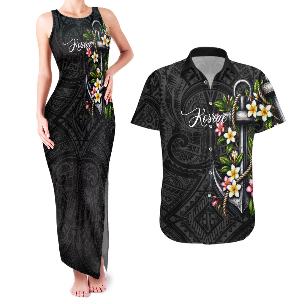 Kosrae Nautical Heritage Couples Matching Tank Maxi Dress and Hawaiian Shirt Polynesian Tribal Anchor With Plumeria Tropical Art TS04 Black Grey - Polynesian Pride