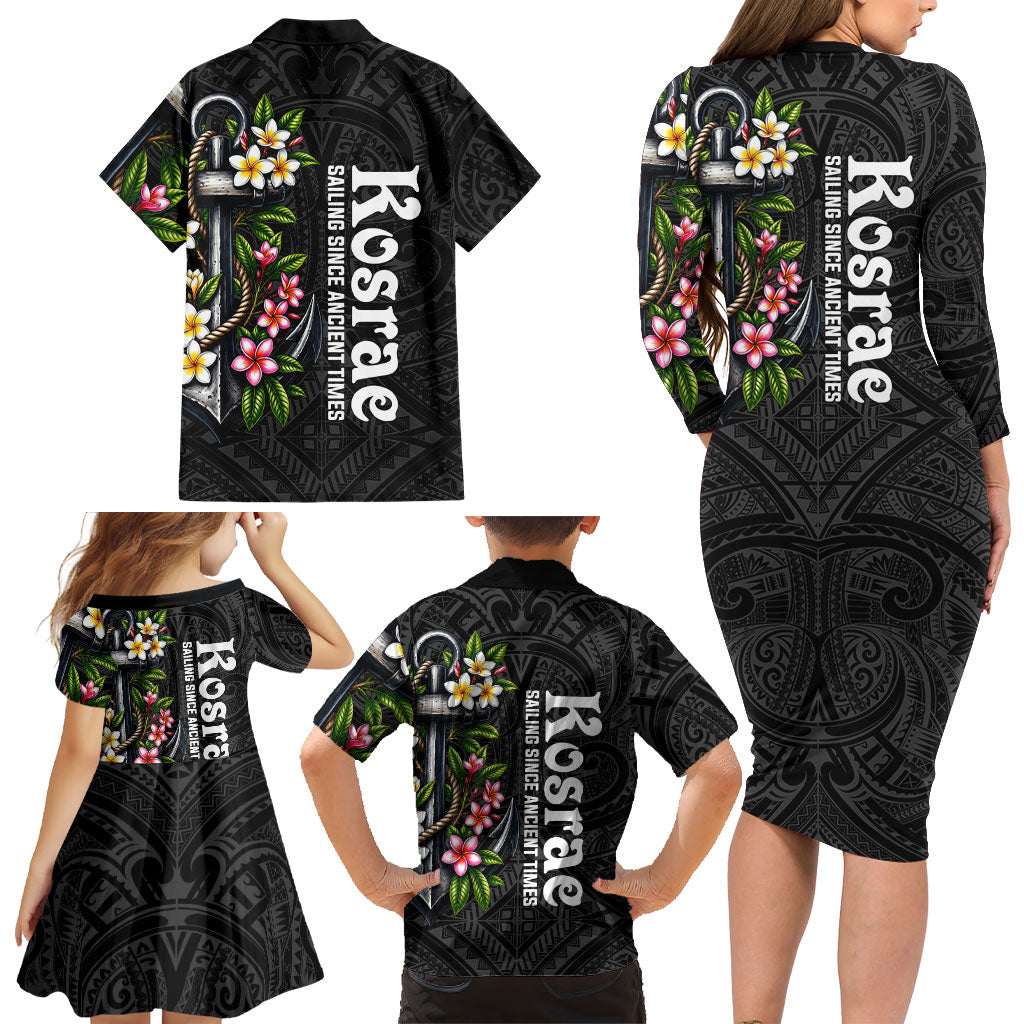 Kosrae Nautical Heritage Family Matching Long Sleeve Bodycon Dress and Hawaiian Shirt Polynesian Tribal Anchor With Plumeria Tropical Art