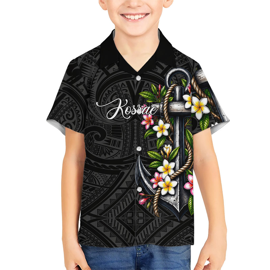 Kosrae Nautical Heritage Family Matching Long Sleeve Bodycon Dress and Hawaiian Shirt Polynesian Tribal Anchor With Plumeria Tropical Art