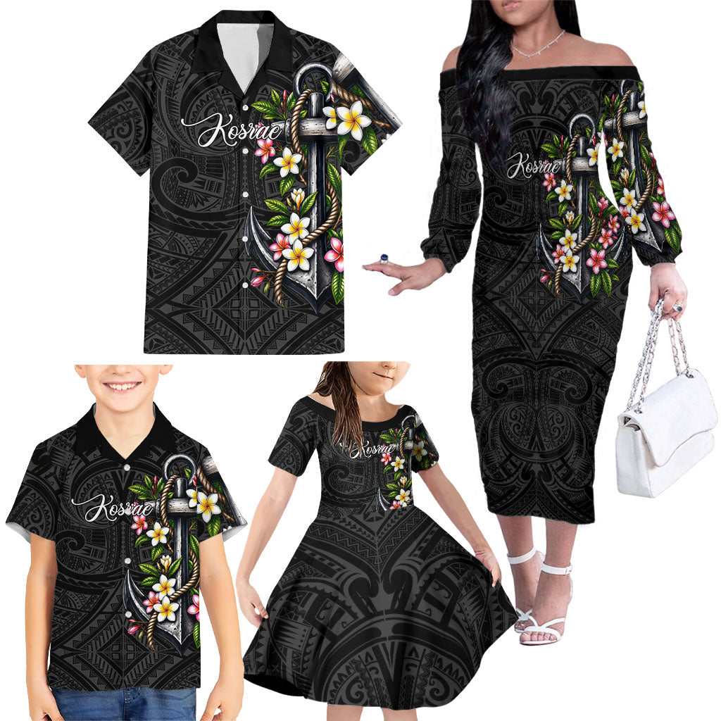 Kosrae Nautical Heritage Family Matching Off The Shoulder Long Sleeve Dress and Hawaiian Shirt Polynesian Tribal Anchor With Plumeria Tropical Art TS04 - Polynesian Pride