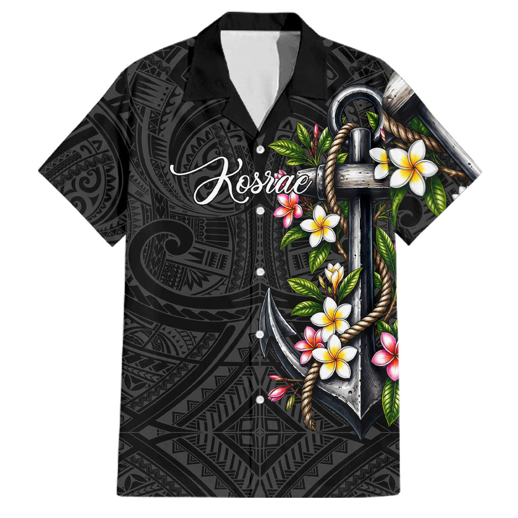 Kosrae Nautical Heritage Family Matching Tank Maxi Dress and Hawaiian Shirt Polynesian Tribal Anchor With Plumeria Tropical Art TS04 Dad's Shirt - Short Sleeve Black Grey - Polynesian Pride