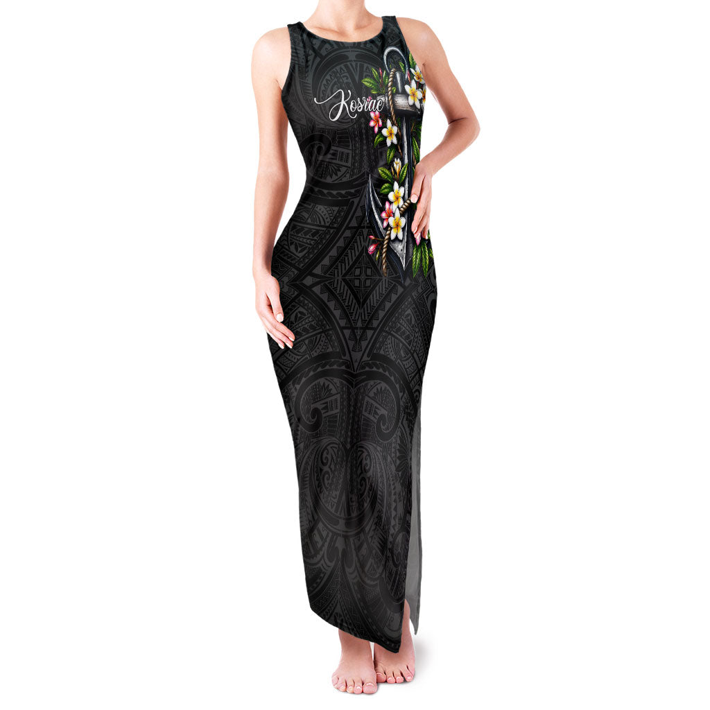Kosrae Nautical Heritage Family Matching Tank Maxi Dress and Hawaiian Shirt Polynesian Tribal Anchor With Plumeria Tropical Art TS04 Mom's Dress Black Grey - Polynesian Pride