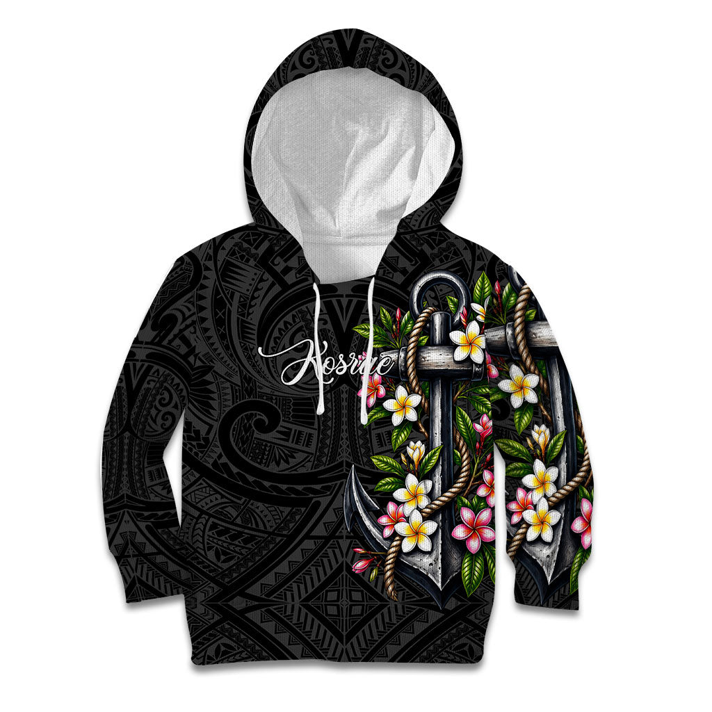 Kosrae Nautical Heritage Kid Hoodie Polynesian Tribal Anchor With Plumeria Tropical Art