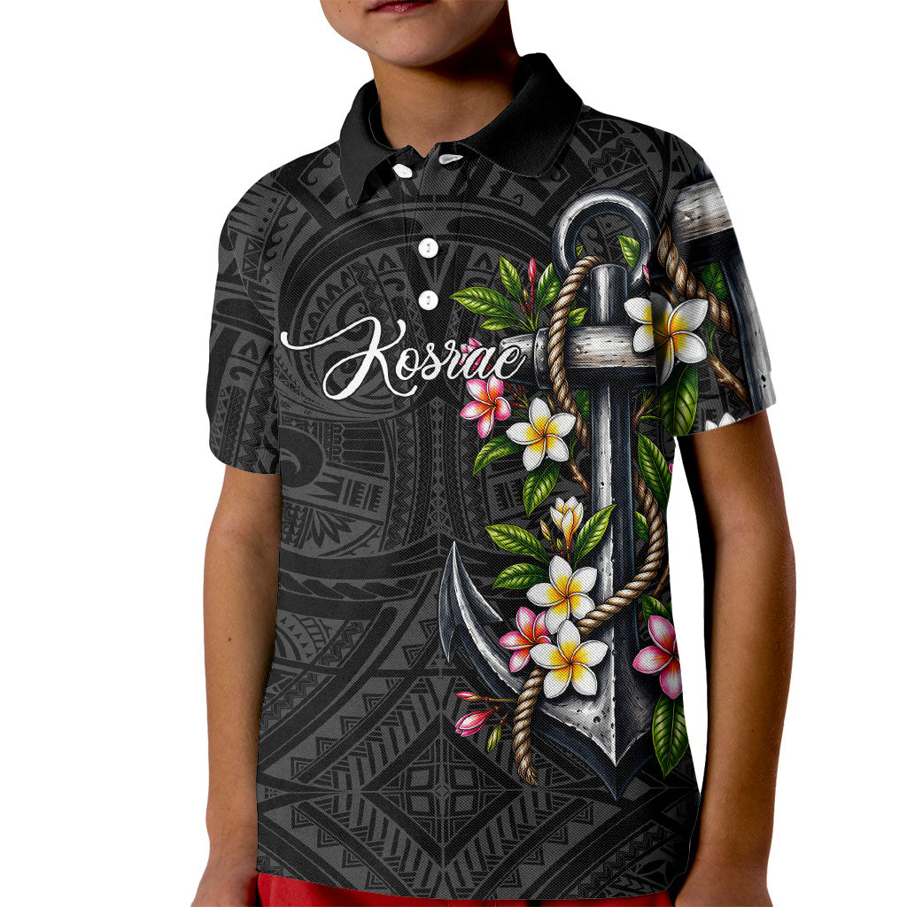 Kosrae Nautical Heritage Kid Polo Shirt Polynesian Tribal Anchor With Plumeria Tropical Art