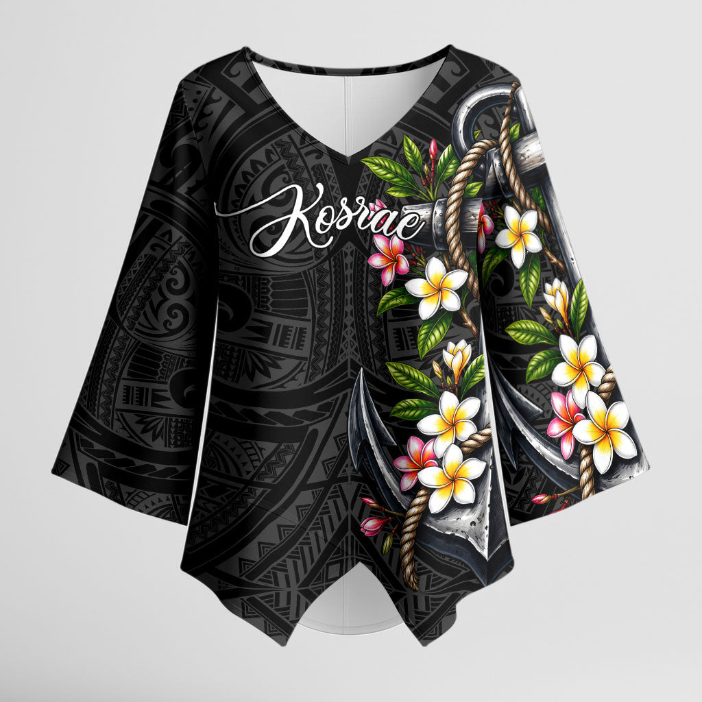 Kosrae Nautical Heritage Kimono Sleeve Blouse Polynesian Tribal Anchor With Plumeria Tropical Art TS04 Female Black Grey - Polynesian Pride