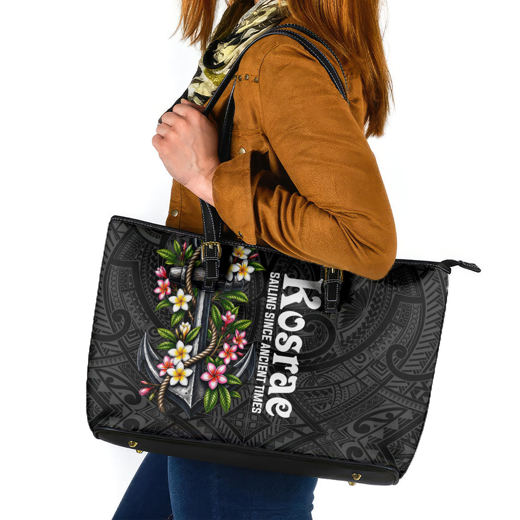 Kosrae Nautical Heritage Leather Tote Bag Polynesian Tribal Anchor With Plumeria Tropical Art