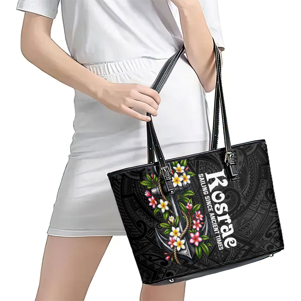 Kosrae Nautical Heritage Leather Tote Bag Polynesian Tribal Anchor With Plumeria Tropical Art