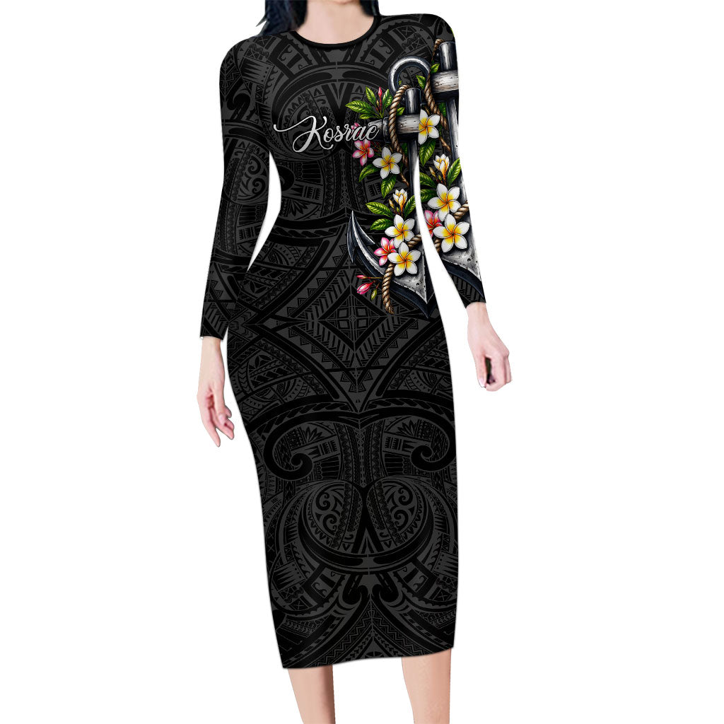 Kosrae Nautical Heritage Long Sleeve Bodycon Dress Polynesian Tribal Anchor With Plumeria Tropical Art TS04 Long Dress Black Grey - Polynesian Pride