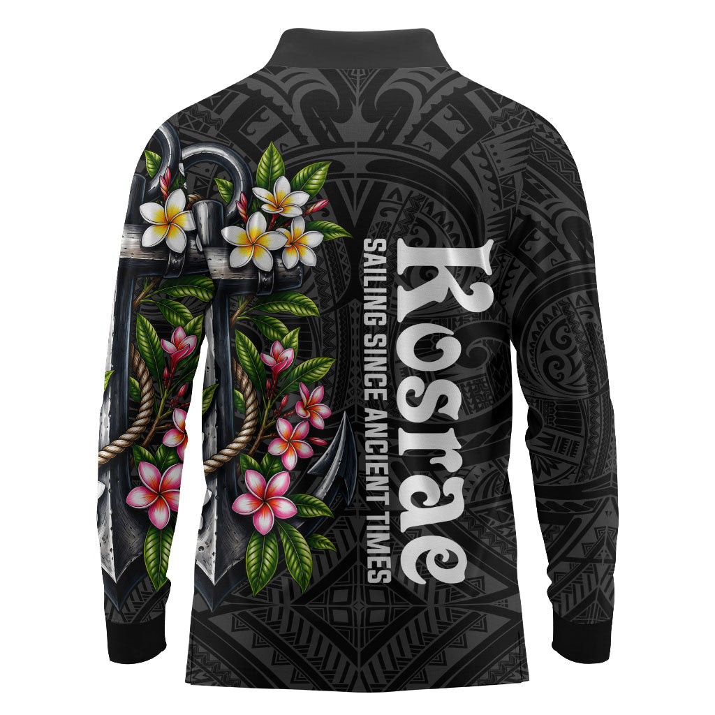 Kosrae Nautical Heritage Long Sleeve Polo Shirt Polynesian Tribal Anchor With Plumeria Tropical Art