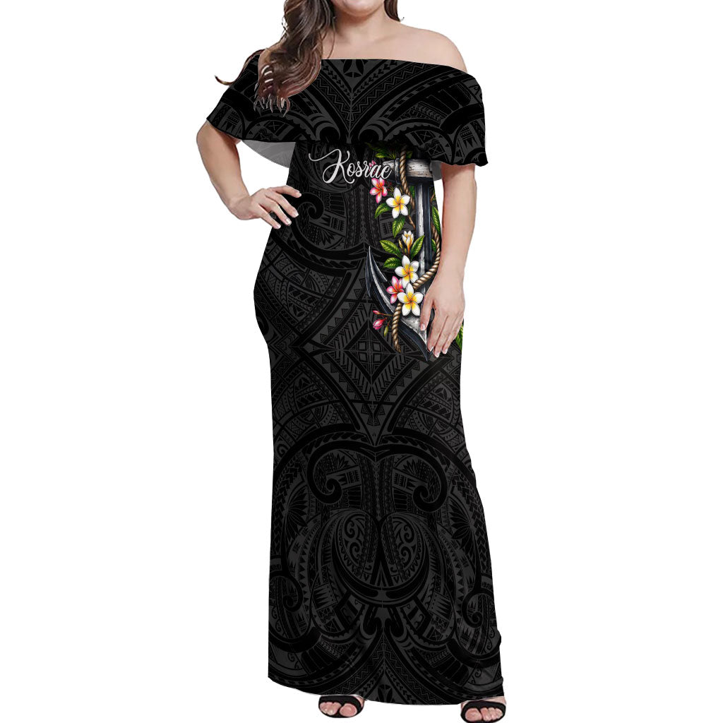 Kosrae Nautical Heritage Off Shoulder Maxi Dress Polynesian Tribal Anchor With Plumeria Tropical Art TS04 Women Black Grey - Polynesian Pride