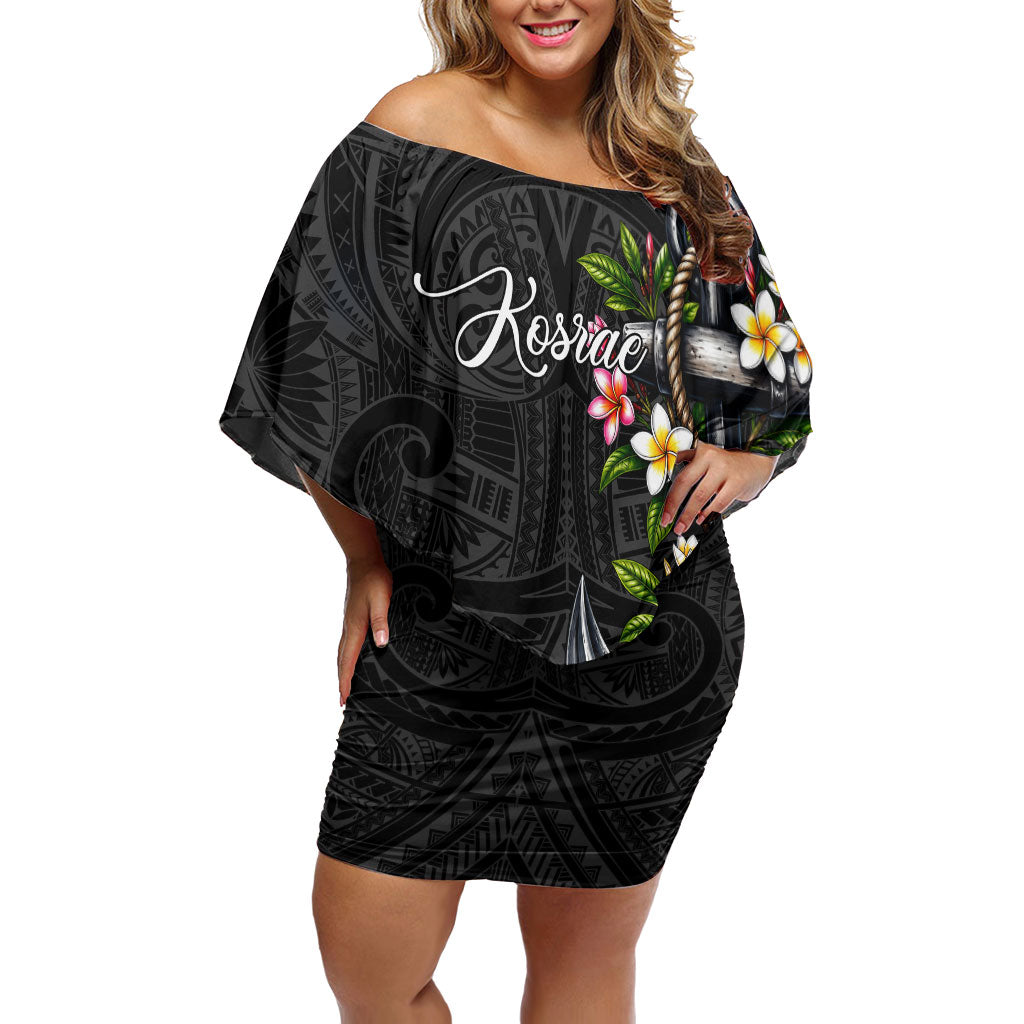 Kosrae Nautical Heritage Off Shoulder Short Dress Polynesian Tribal Anchor With Plumeria Tropical Art TS04 Women Black Grey - Polynesian Pride