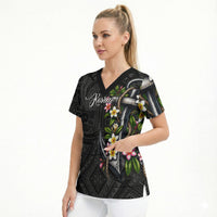 Kosrae Nautical Heritage Scrub Top Polynesian Tribal Anchor With Plumeria Tropical Art