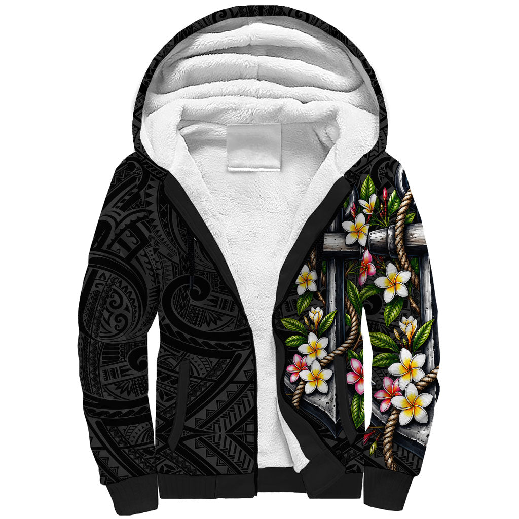 Kosrae Nautical Heritage Sherpa Hoodie Polynesian Tribal Anchor With Plumeria Tropical Art TS04 Unisex Black Grey - Polynesian Pride