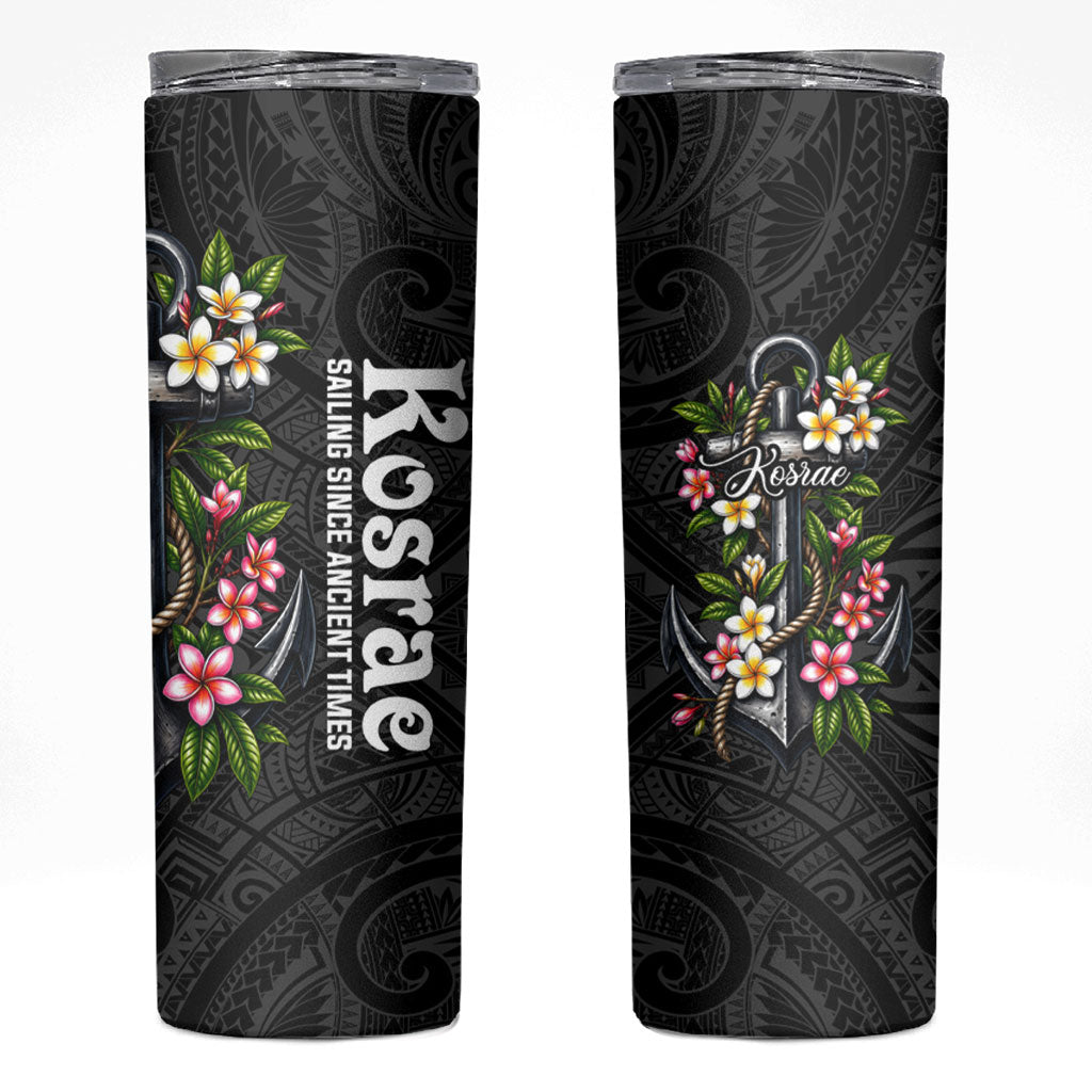 Kosrae Nautical Heritage Skinny Tumbler Polynesian Tribal Anchor With Plumeria Tropical Art TS04 Black Grey - Polynesian Pride