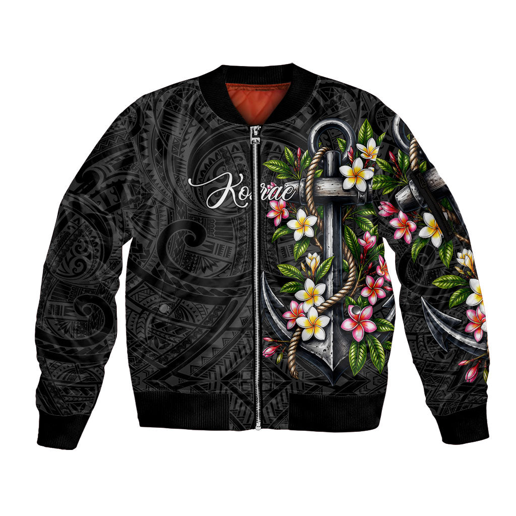 Kosrae Nautical Heritage Sleeve Zip Bomber Jacket Polynesian Tribal Anchor With Plumeria Tropical Art TS04 Unisex Black Grey - Polynesian Pride