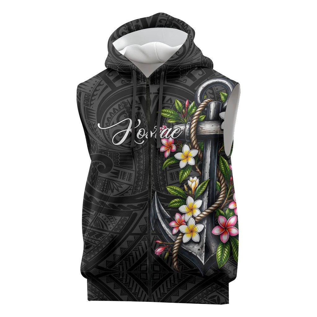 Kosrae Nautical Heritage Sleeveless Zip Hoodie Polynesian Tribal Anchor With Plumeria Tropical Art TS04 Black Grey - Polynesian Pride