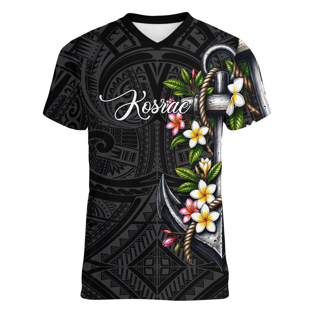 Kosrae Nautical Heritage Women V-Neck T-Shirt Polynesian Tribal Anchor With Plumeria Tropical Art TS04 Female Black Grey - Polynesian Pride