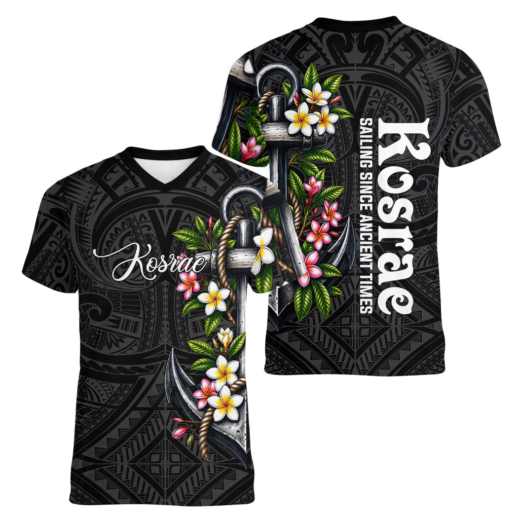 Kosrae Nautical Heritage Women V-Neck T-Shirt Polynesian Tribal Anchor With Plumeria Tropical Art
