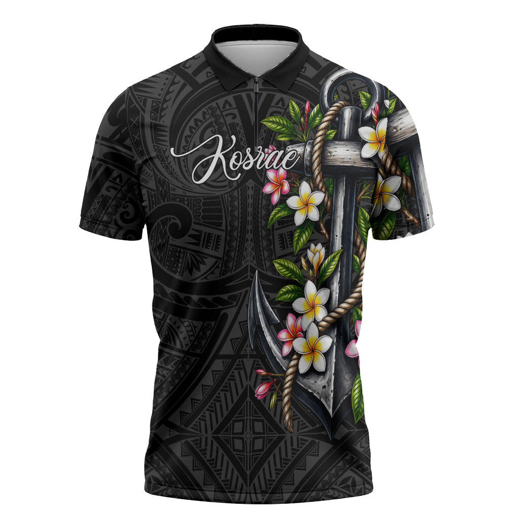 Kosrae Nautical Heritage Zipper Polo Shirt Polynesian Tribal Anchor With Plumeria Tropical Art